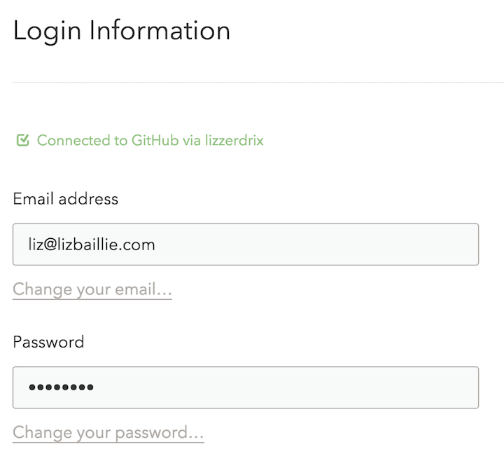 The account settings page, once connected to GitHub