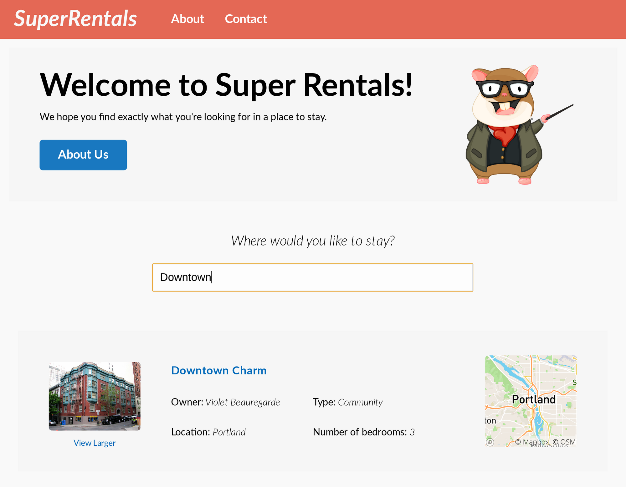 A screen-shot of the Super Rentals homepage showing the Rentals::Filter component.
